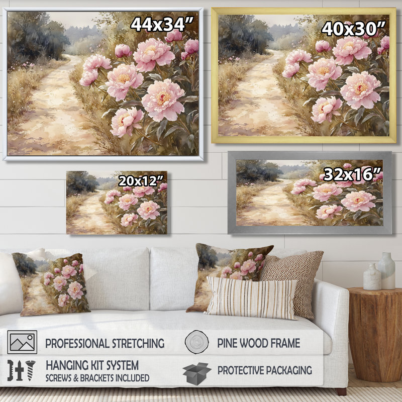 Pivoines le long de l'allée de la ferme II - pivoines, art mural, H 24 po x l 32 po, Reproduction avec cadre flottant, Noir