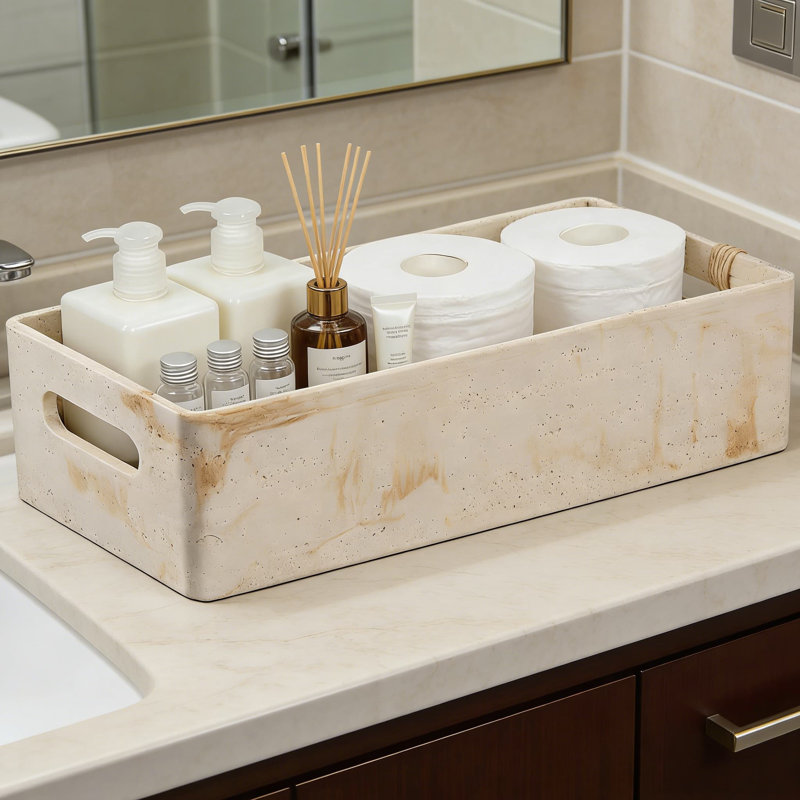 Panier de rangement texturé en travertin fait à la main avec poignée pour comptoir de salle de bain et réservoir de toilette, bac de rangement en résine robuste pour la décoration intérieure