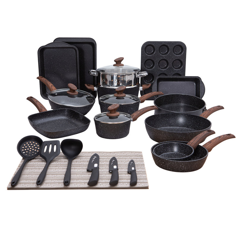 30 - Piece Non-Stick Aluminum Cookware Set, Black