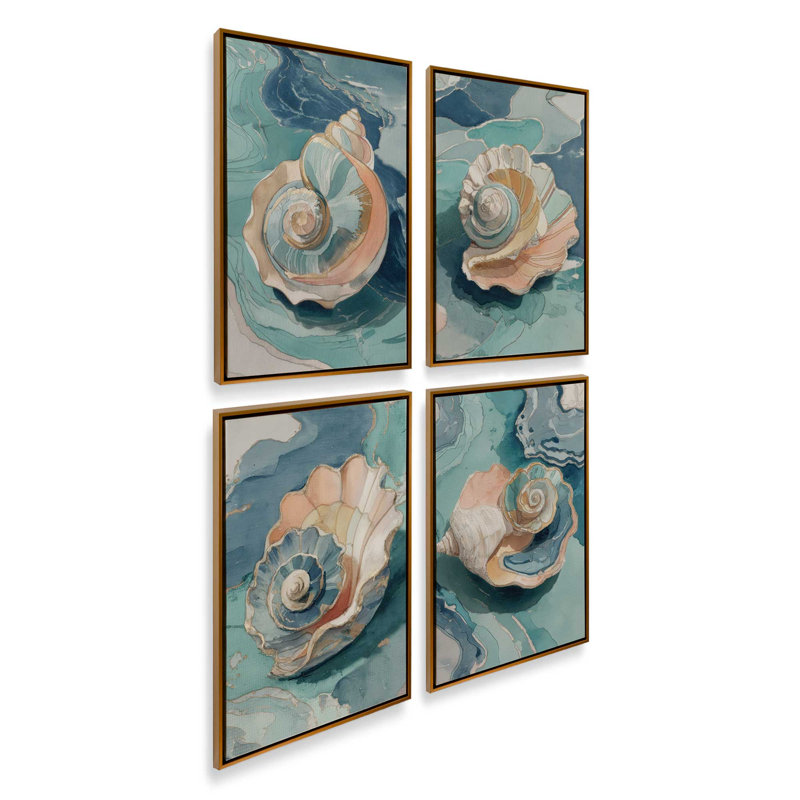 «Shell Yeah Calm», ensemble de 4 impressions, 24 po x 18 po, Toile avec cadre, Or poli