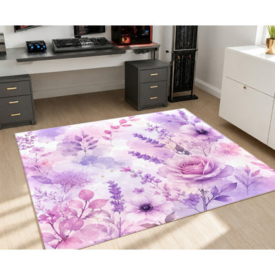 Tapis à motif floral aquarelle, motif botanique lavande rose mauve, tapis antidérapant lavable artistique, décoration intérieure pour salon, chambre à coucher, entrée, cuisine, balcon