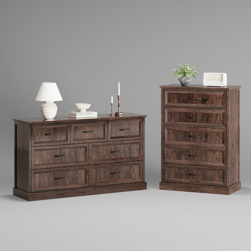 Hallah 2 Pieces Bedroom Set,7 Drawer Dresser and 5 Dresser Chest with Storage Cabinet, Brown