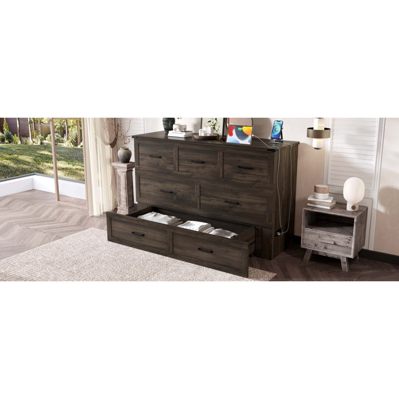 Grand lit escamotable Murphy avec station de charge, lit plateforme pliable multifonctionnel avec 1 grand tiroir de rangement pour chambre d'amis, petite chambre, gris rustique