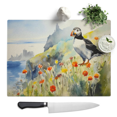 Puffin Watercolour No.2  Glass Chopping Board