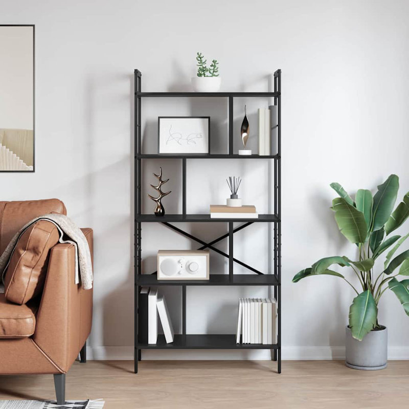 75cm W Steel Etagere Bookcase, (5 Shelves) 156cm. H x 75cm. W x 30cm. D, Black Oak