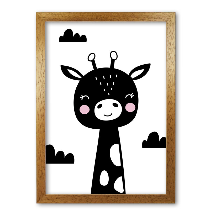 Scandi Black Giraffe - Print, 42 cm H x 30 cm W x 5 cm D, Honey Oak Frame