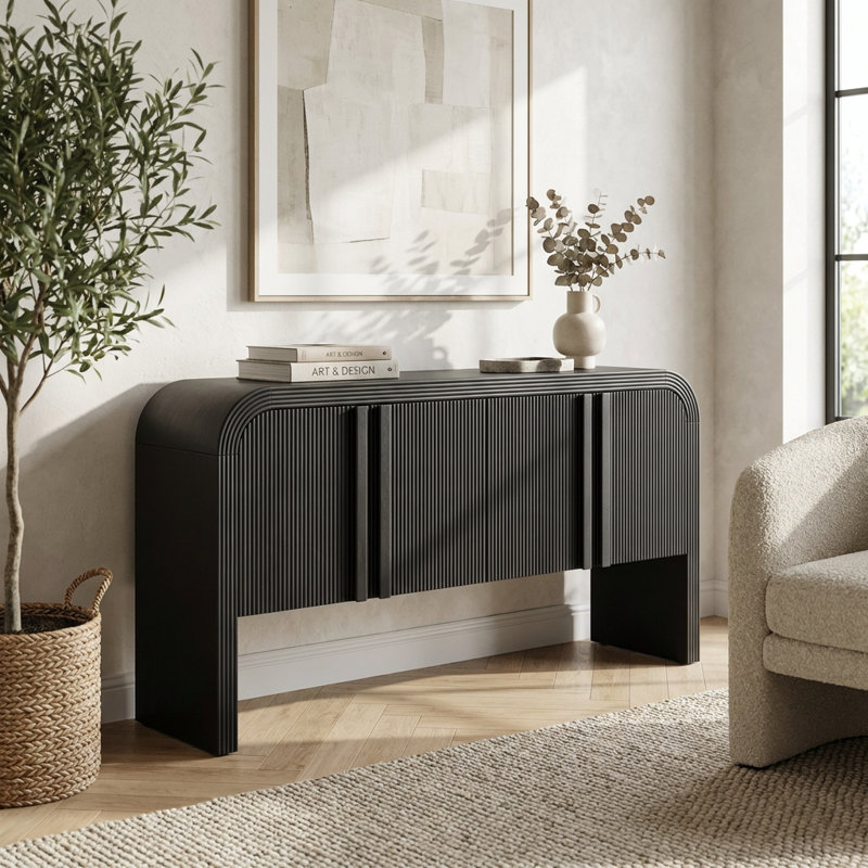 Élégante console extra-longue avec bords incurvés et portes ondulées