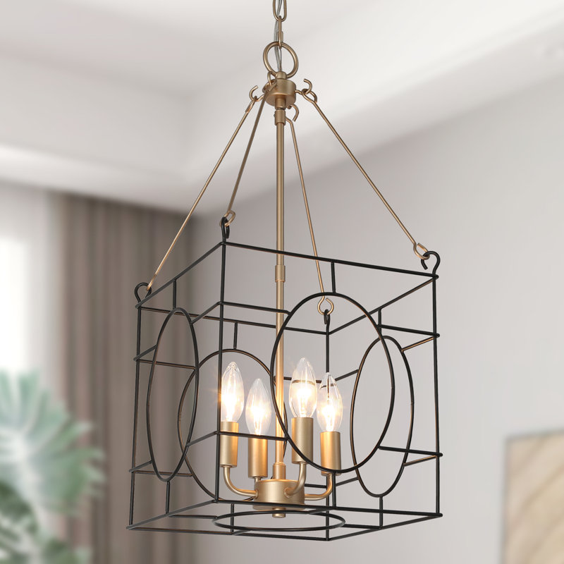4 - Light Wrought Iron Dimmable Kitchen Island and Lantern Square / Rectangle and Geometric Chandelier