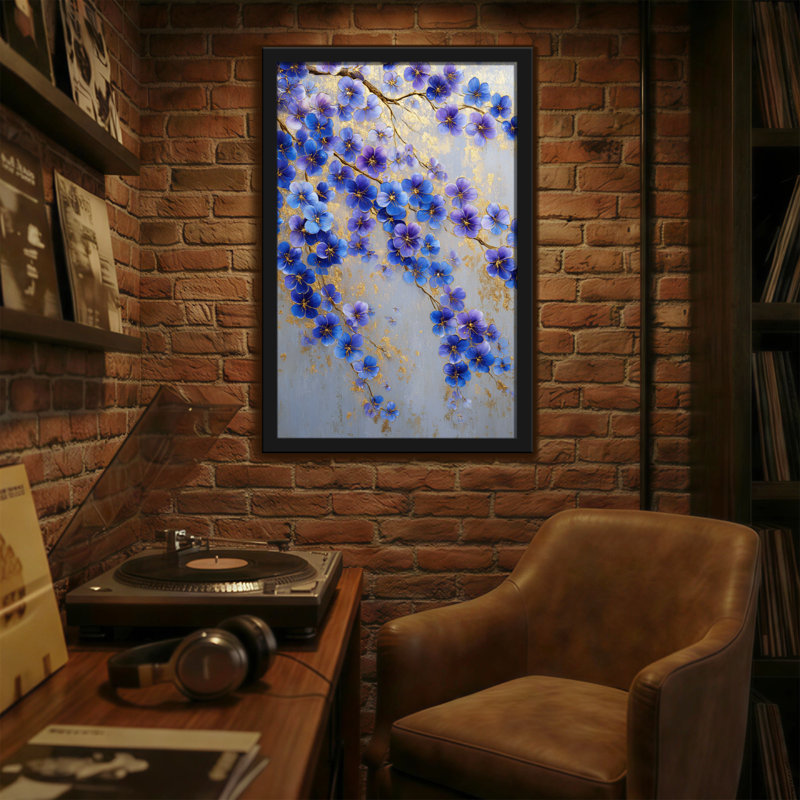 Plantes et fleurs, fleurs bleues sur fond doré, art sur toile, H 36 po x l 24 po