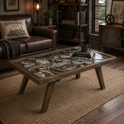 Lakela Industrial Gear Glass Top Coffee Table with Repurposed Steel Gears & Solid Wood Legs – 47” Rustic Metal & Hardwood Living Room Table 