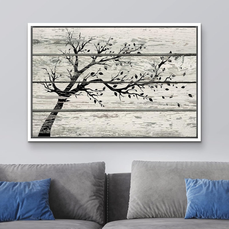 Arbre avec feuilles en noir et blanc sur fond effet bois rétro, impression sur toile rustique, White Floater Framed