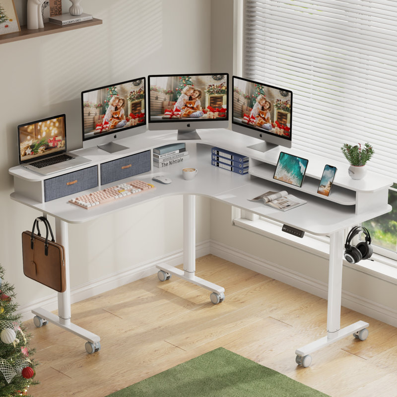63"W Corner Standing Desk Adjustable Height Electric L Shaped Standing Desk With Drawers Gamers, White