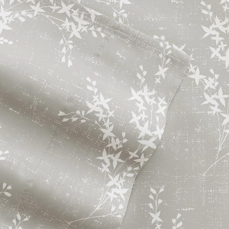 Queen Light Grey Floral Microfiber Sheet Set