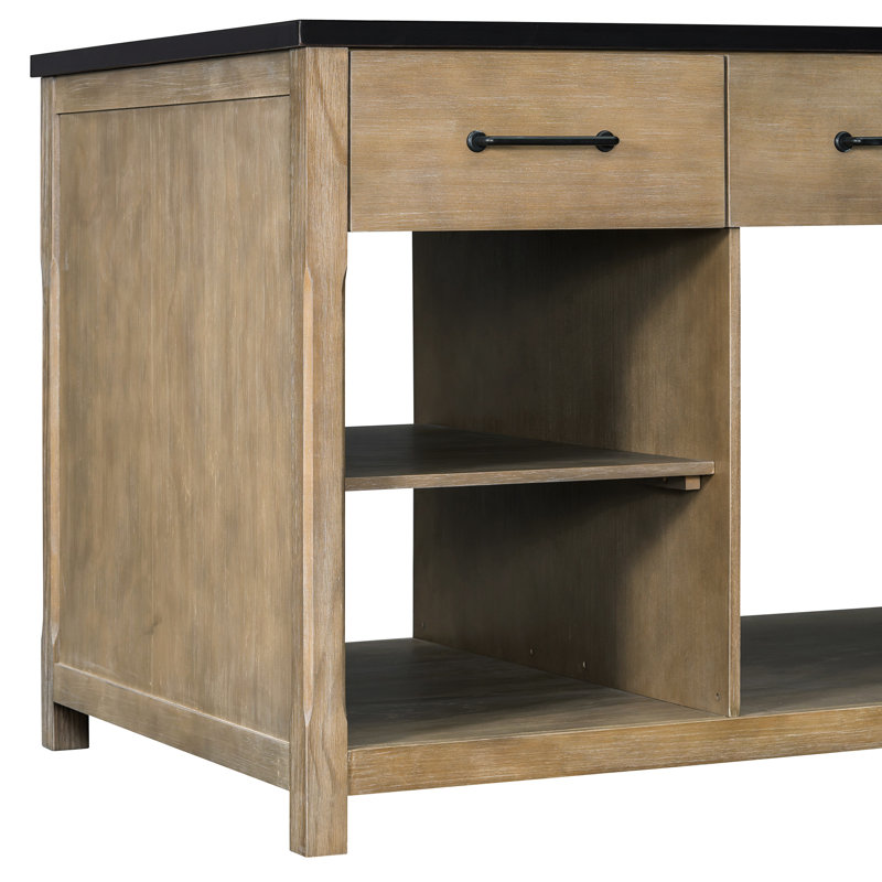 Retro Kitchen Island With Built-In Power, Expandable Workspace And Shelf Storage   + Natural Counter, Vintage Look