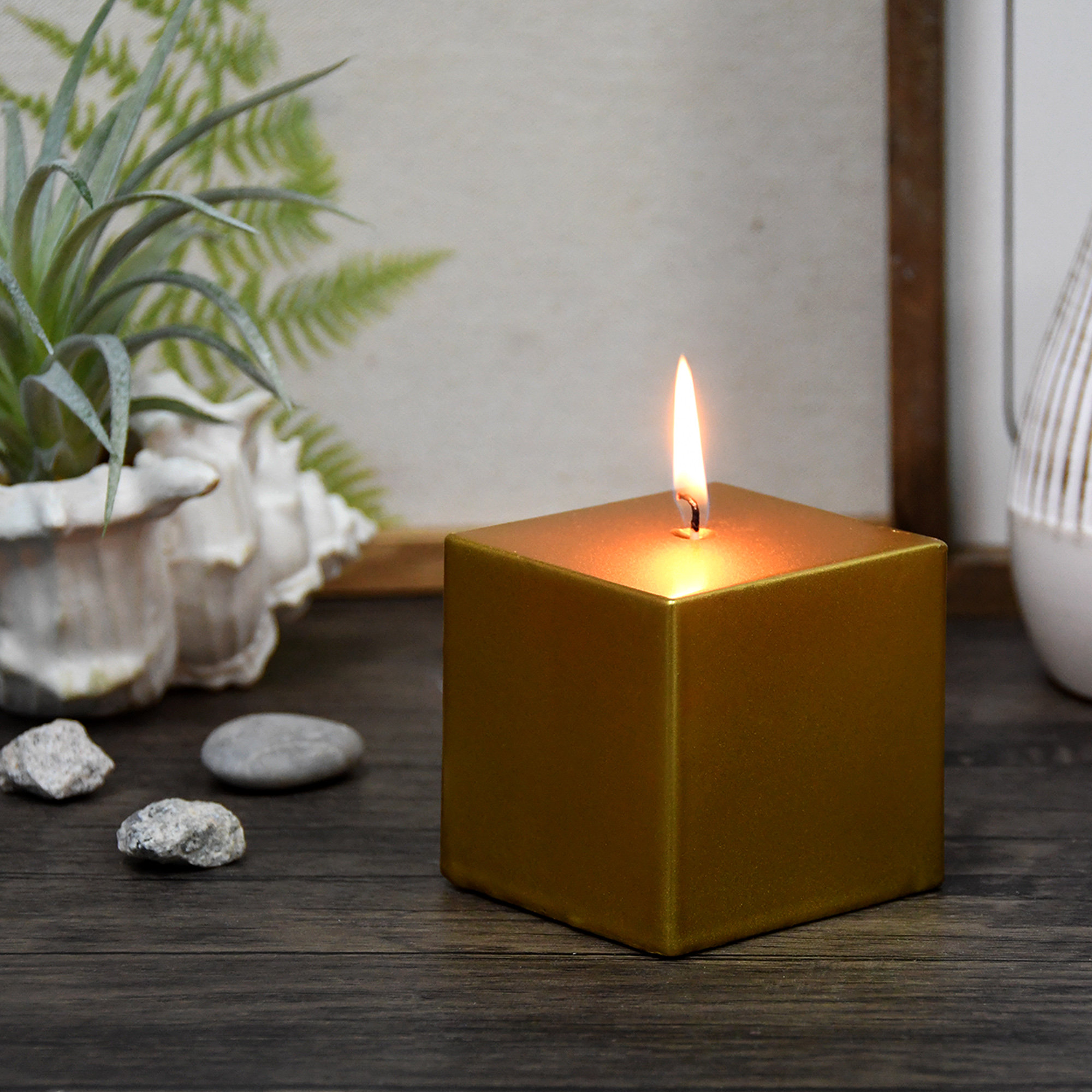 Square Pillar Candle, 1 Candle, 3" H x 3" W x 3" D, Metallic Gold