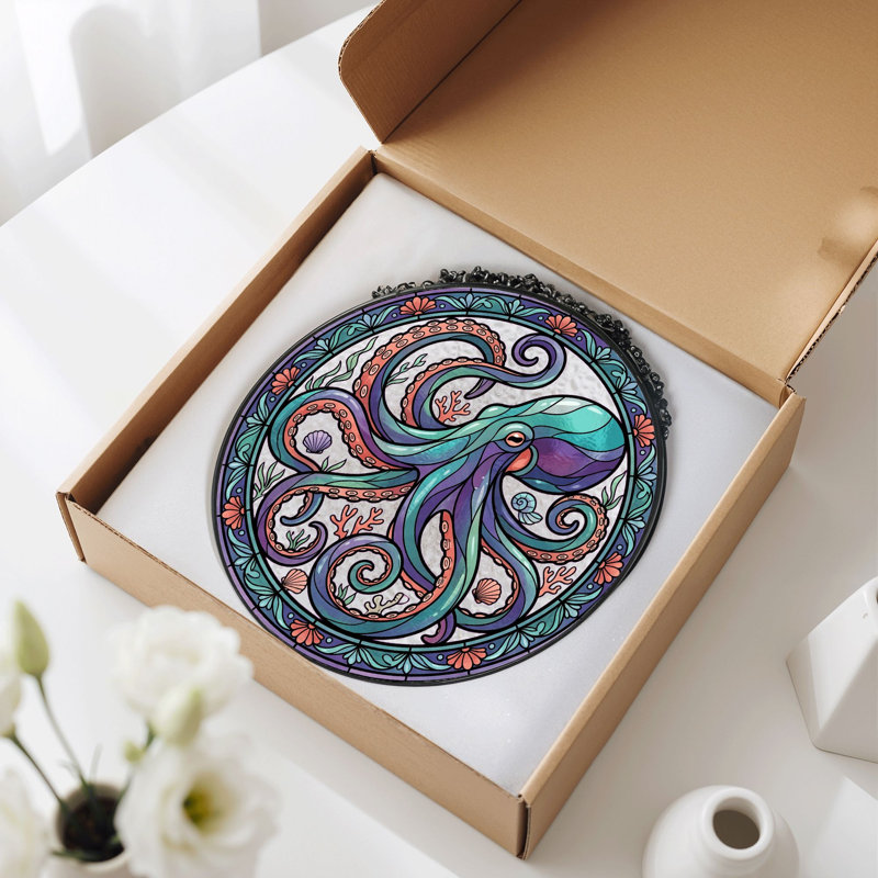 Panneau de vitrail Octopus Design H 12 po, H 12 po