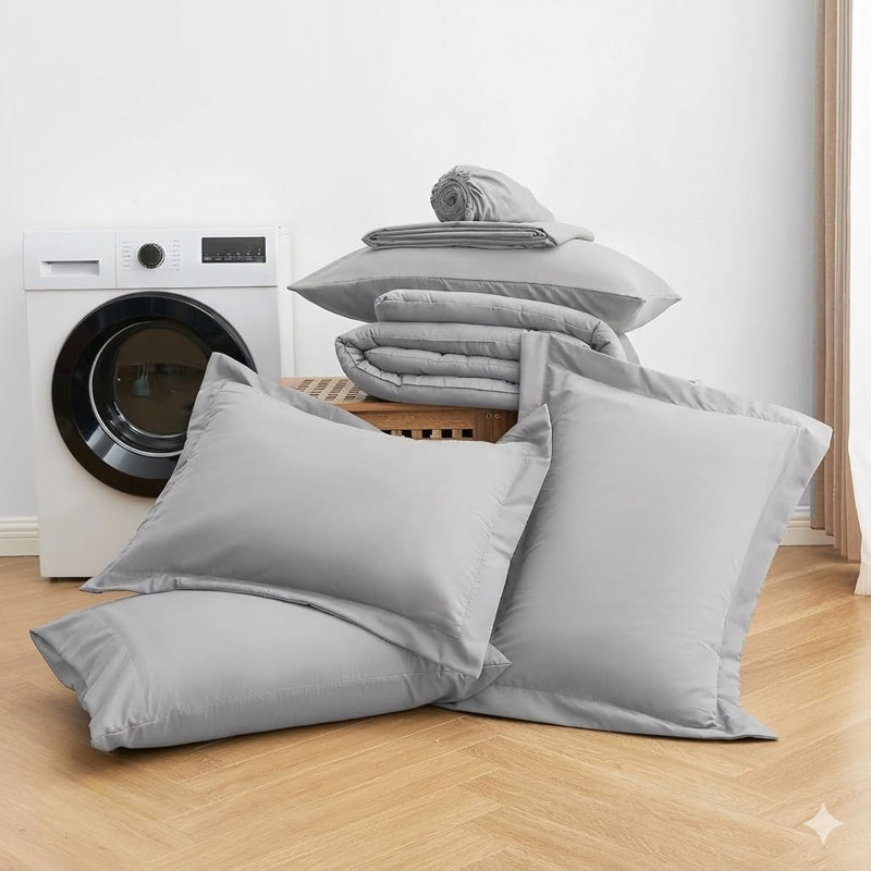 Cotton Blend Box Stitch Comforter, King Comforter + 4 Additional Pieces, Light Gray