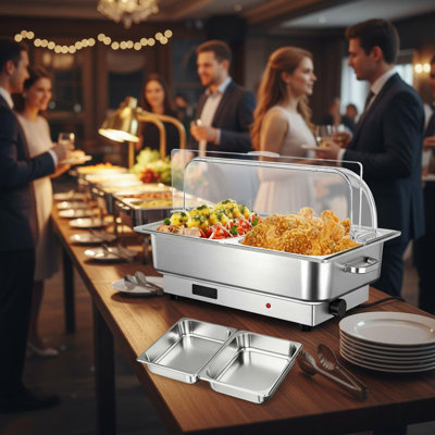 Réchaud électrique de 9 pintes avec 2 casseroles de 1/2 po et chauffage de fond revêtu d'aluminium 600 W, serveur de buffet en acier inoxydable avec contrôle de la température et couvercle à enroulement pour PC pour la restauration et les événements