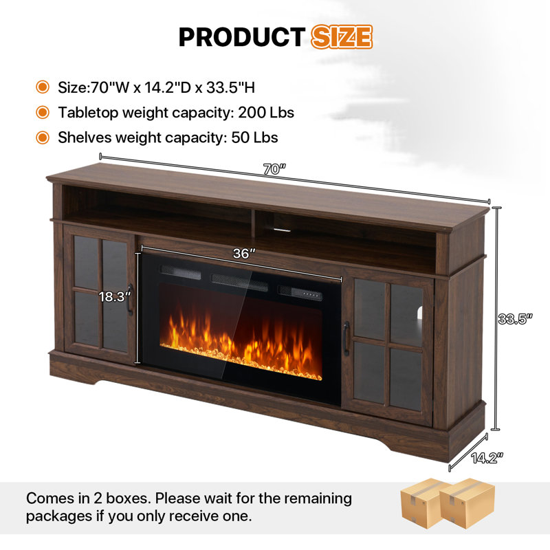 TV Stand Fireplace, 85.1 cm H x 177.8 cm W x 36.1 cm D, Brown
