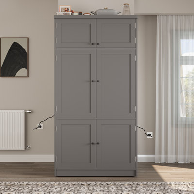 Tall Kitchen Pantry With 6 Doors, 3 Drawers, Adjustable Shelves, 10 Wine Racks, And Built-In Power Outlets by Wildon Home