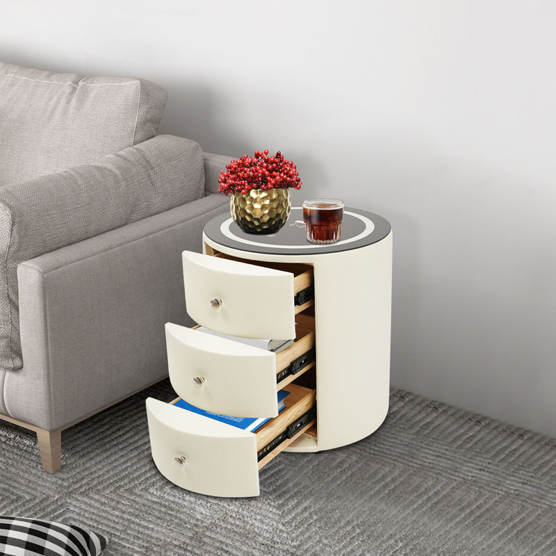 Modern Narrow Nightstand with 3 Drawers, USB Ports, Wireless Charger and Ambient Light, White