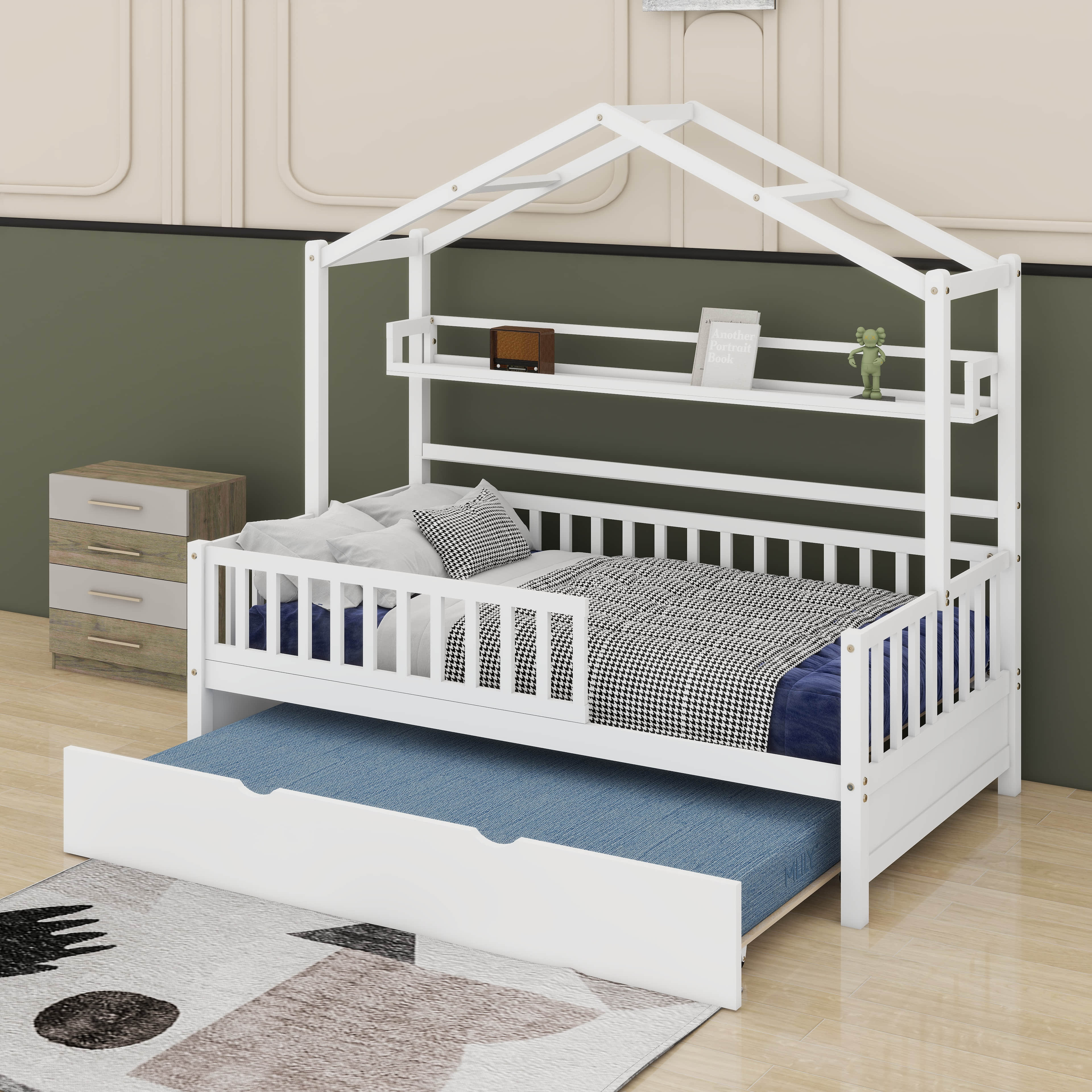 Ebern Designs House Bed With Trundle And Storage Shelf, Wood Bed Frame ...