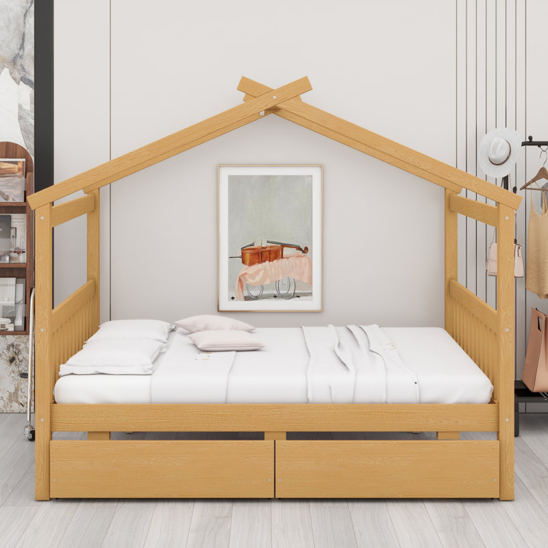 Lit en bois avec tiroirs, Double, Naturel