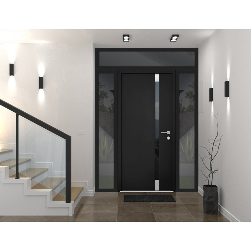 Porte d'entrée extérieure prémontée en acier Cynex 6777 noire, 2 fenêtres latérales extérieures, inserts en acier inoxydable, style moderne, peinte - L 12 + 36 + 12 x H 80 - Ouverture à gauche vers l'intérieur