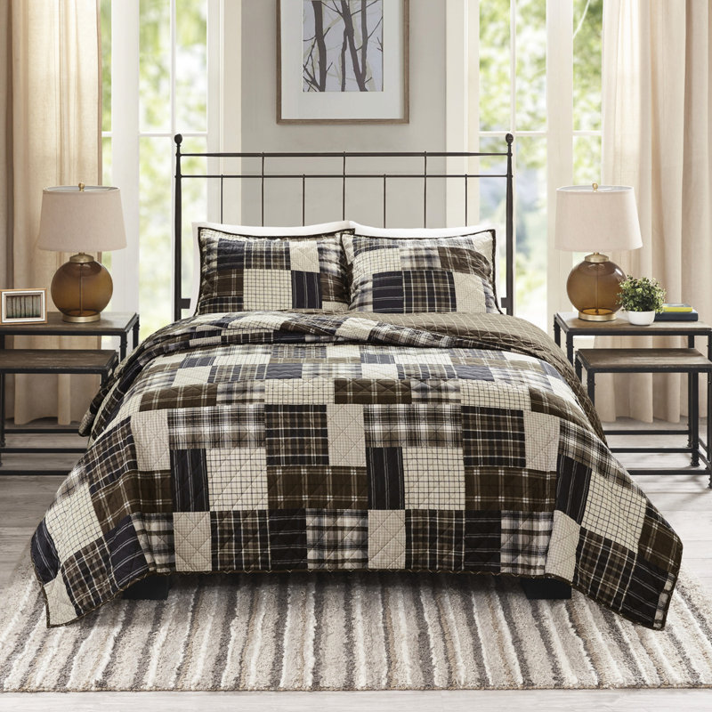 Couette 3 pièces King/King, noire/brun, réversible avec taies d'oreiller en coton et motif de canaux imprimés