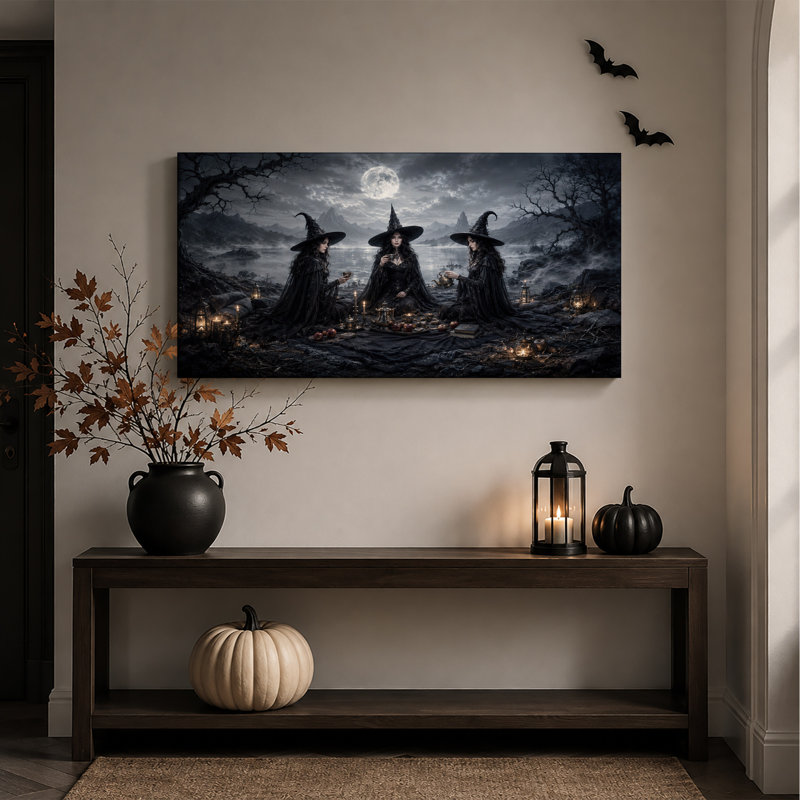 Trois sorcières en noir buvant du thé sous une toile murale d'Halloween, L 32 po x H 16 po