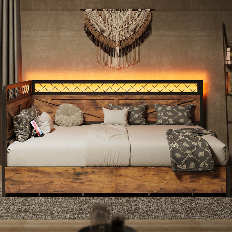 Industrial Corner Daybed With LED Lights & Storage Drawer - Twin Size, 900Lb Capacity, Full, Industrial Brown