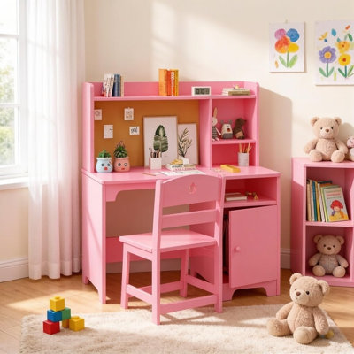 Ensemble de bureau d'écriture et de chaise pour enfants avec bureau inclinable, table d'étude en bois avec bahut pour l'apprentissage à domicile de 3 à 8 ans