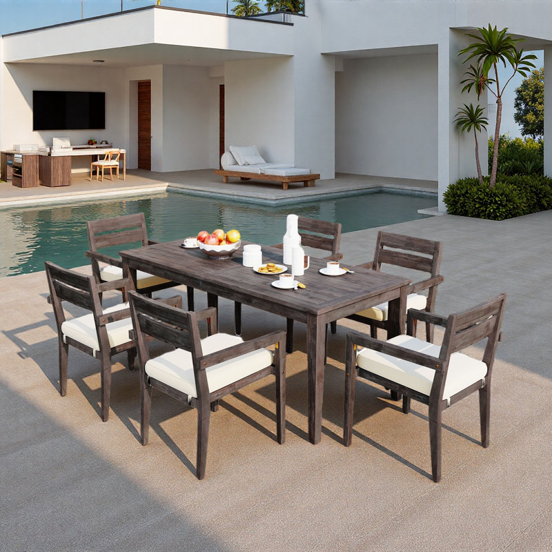 7 Pieces Outdoor Dining Set Included 1 Large Table And 6 Stackable Chairs  With Cushions And Waterproof Feature, Gray