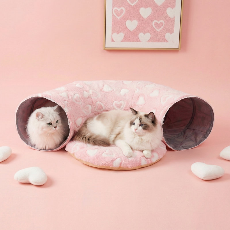 Tunnel pour chat en peluche transformable 3-en-1 avec lit pour chat d'intérieur - rose, rond, Rose, rond