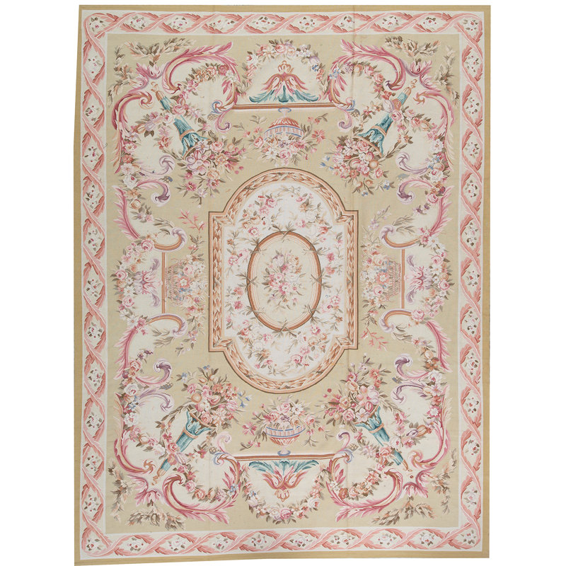 Hand-Knotted High-Quality Ivory and Green Area Rug