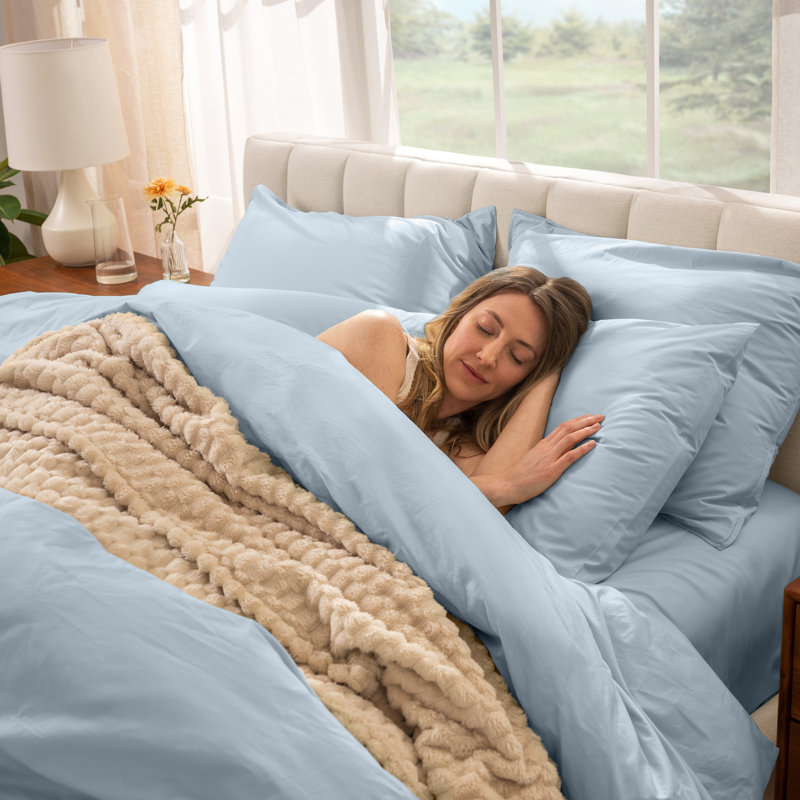 Modern & Contemporary Organic Cotton Machine Woven Duvet Cover, Winter Blue, King Duvet Cover + 2 King Shams