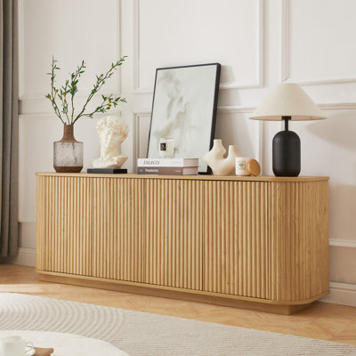 Meuble télé avec buffet à motif ondulé et armoire à rayures verticales en bois pour cuisine / chambre à coucher / vestibule. Naturel, l 64 po x P 15 po x H 24 po.