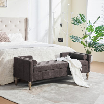 Storage Benches, 64.6 in Chenille Wood Modern Bench for Bedroom Home