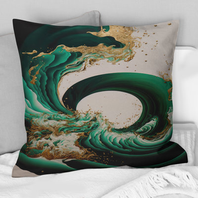 Emerald Green And Gold Abstract Waves IV - Abstract Spirals Printed Pillow