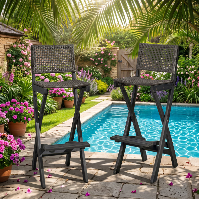 Christopher Knight Home 22" W x 15" D x 41.75" H Acacia Wood and PE Rattan Outdoor Folding Barstools (Set of 2)