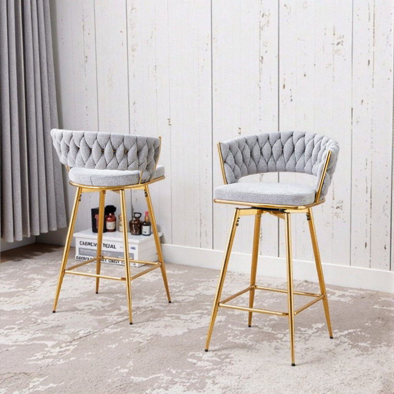 Ensemble de 2 tabourets de bar pivotants minimalistes modernes avec coussins en lin de coton et structure en métal antirouille, gris antique blanc