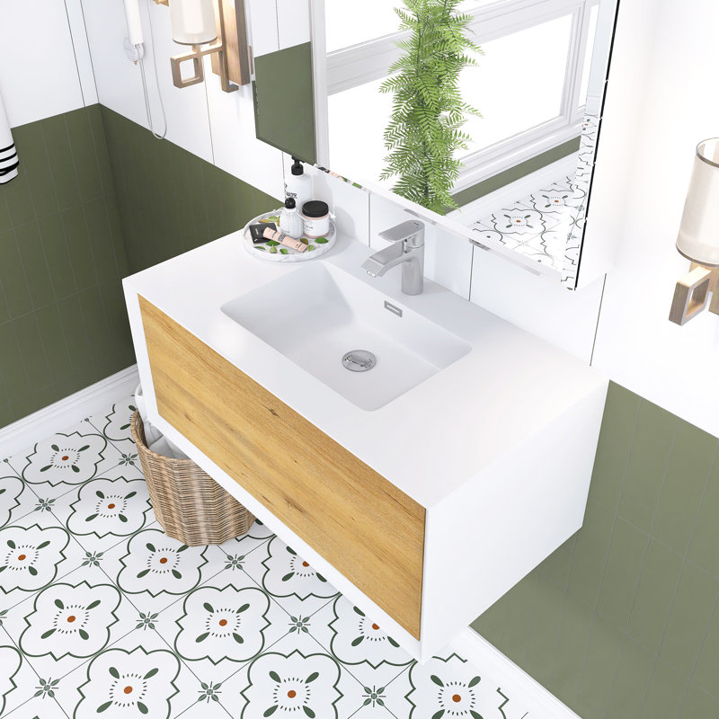 Meuble-lavabo intégré moderne de 36 po avec lavabo à surface solide, armoire en MDF mural et sans poignée, 37"