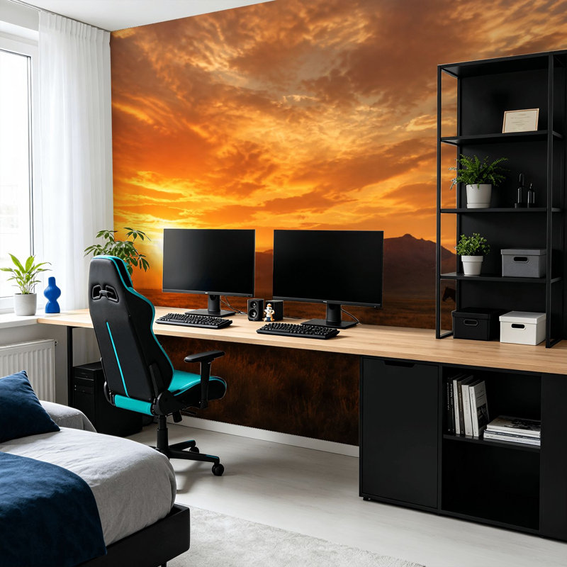 Papier peint mural autocollant représentant un paysage de coucher de soleil dans l'Ouest américain. Décoration murale moderne et adhésive pour chambre ou salon. Dimensions : 254 cm (L) x 366 cm (l).