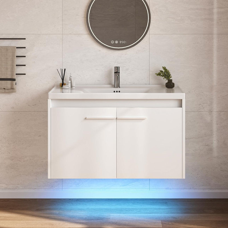 Meuble-lavabo flottant noir 31 po avec lavabo, lumière DEL moderne, Blanc