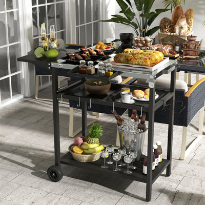 Patio Mobile Workstation Cart, Stainless Steel Tabletop, 2 Storage, Seasoning Rack, Wheels, Hooks, Towel & Garbage Carrier Holder, Black Bar Tabletop 2 Layers, Plate