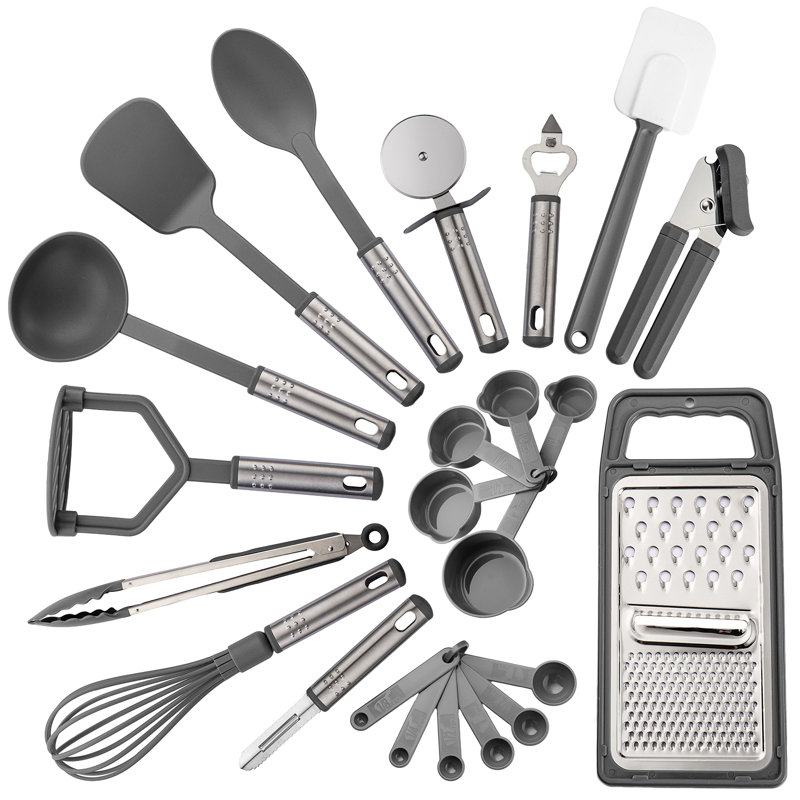 23 Pieces Essential Kitchen Utensils Set Nylon and Stainless Steel Non-Stick Cooking Gadgets, Gray