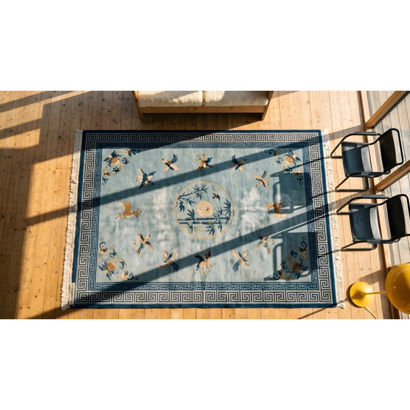 Light Blue Antique Room Size Chinese Bird Design Peking Rug