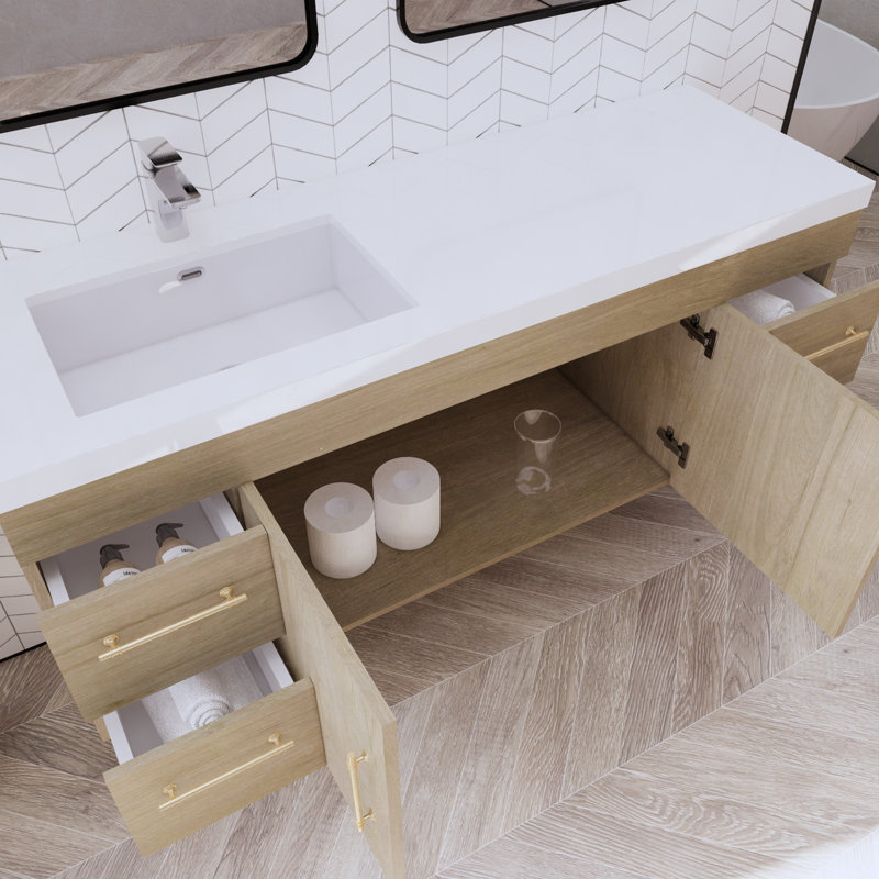 Ensemble de meuble-lavabo mural simple 59 po Bastri, Chêne blanc