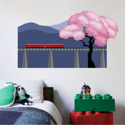 Adhésif décoratif magnifique train voyage montagnes rose