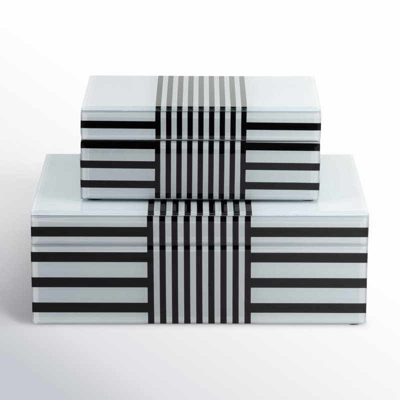 Set of 2 Decorative Storage Boxes Contemporary Black and White Striped Wooden Boxes
